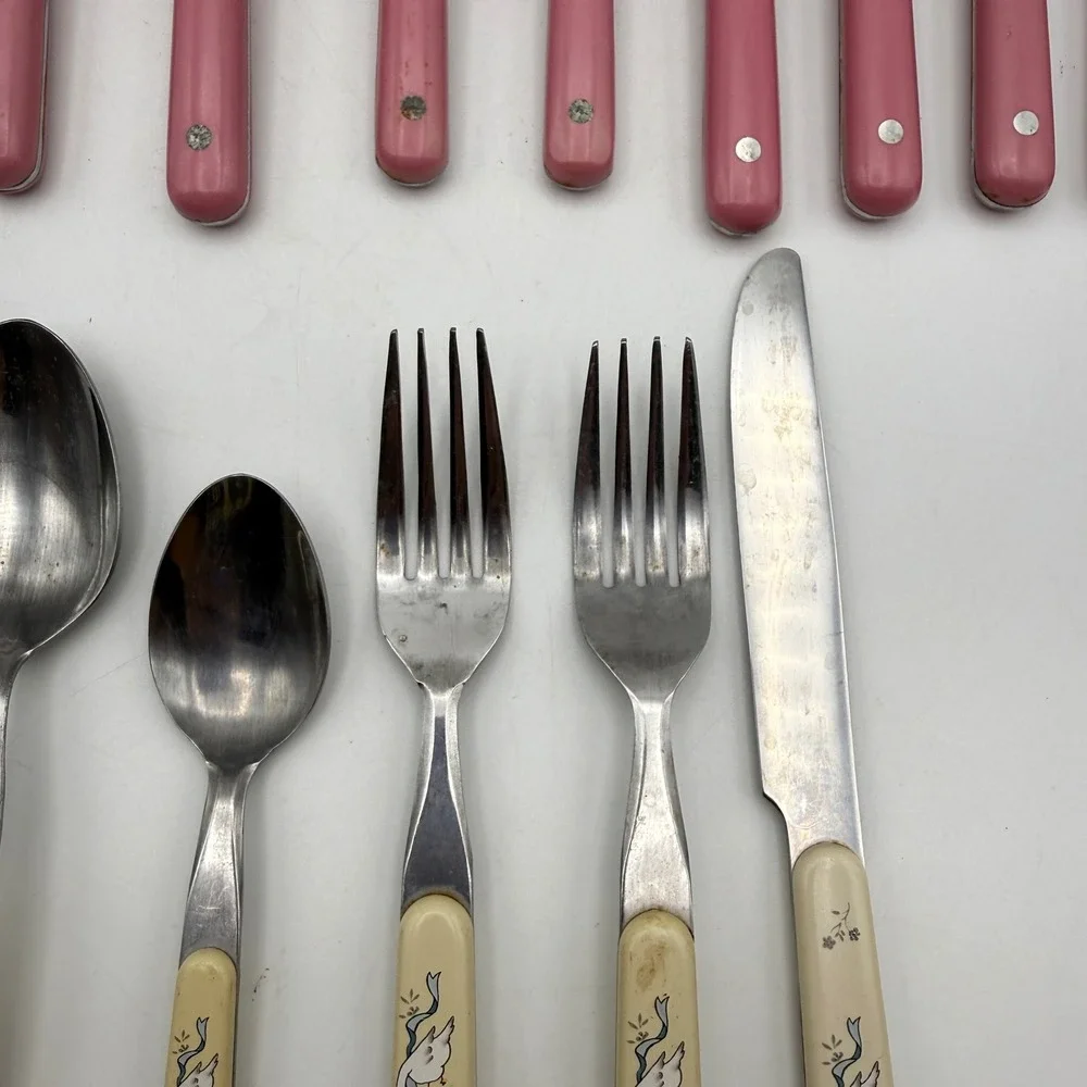 Interpur Flatware Set Mixed Pink Marmalade Goose Pattern Vintage Stainless Steel